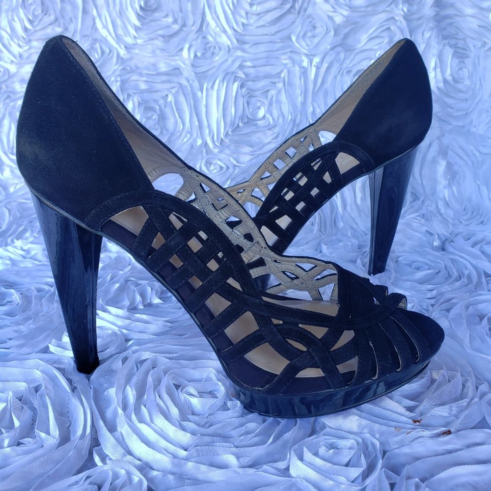 NINE WEST Black Suede Cut Out Stiletto Peep Toe Platform Heels Women's Size 8.5M